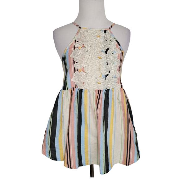 Taylor & Sage Linen Tank Striped Battenberg Lace High Neck Women Small - Picture 1 of 12